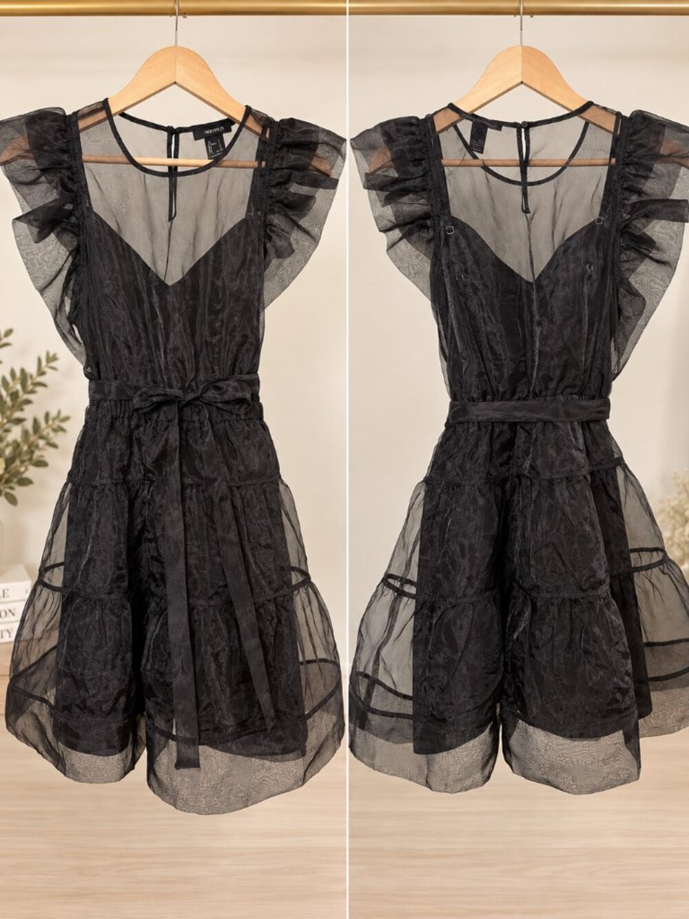 Forever 21 Black Sheer Organza Ruffle Tiered Mini Dress Size Small